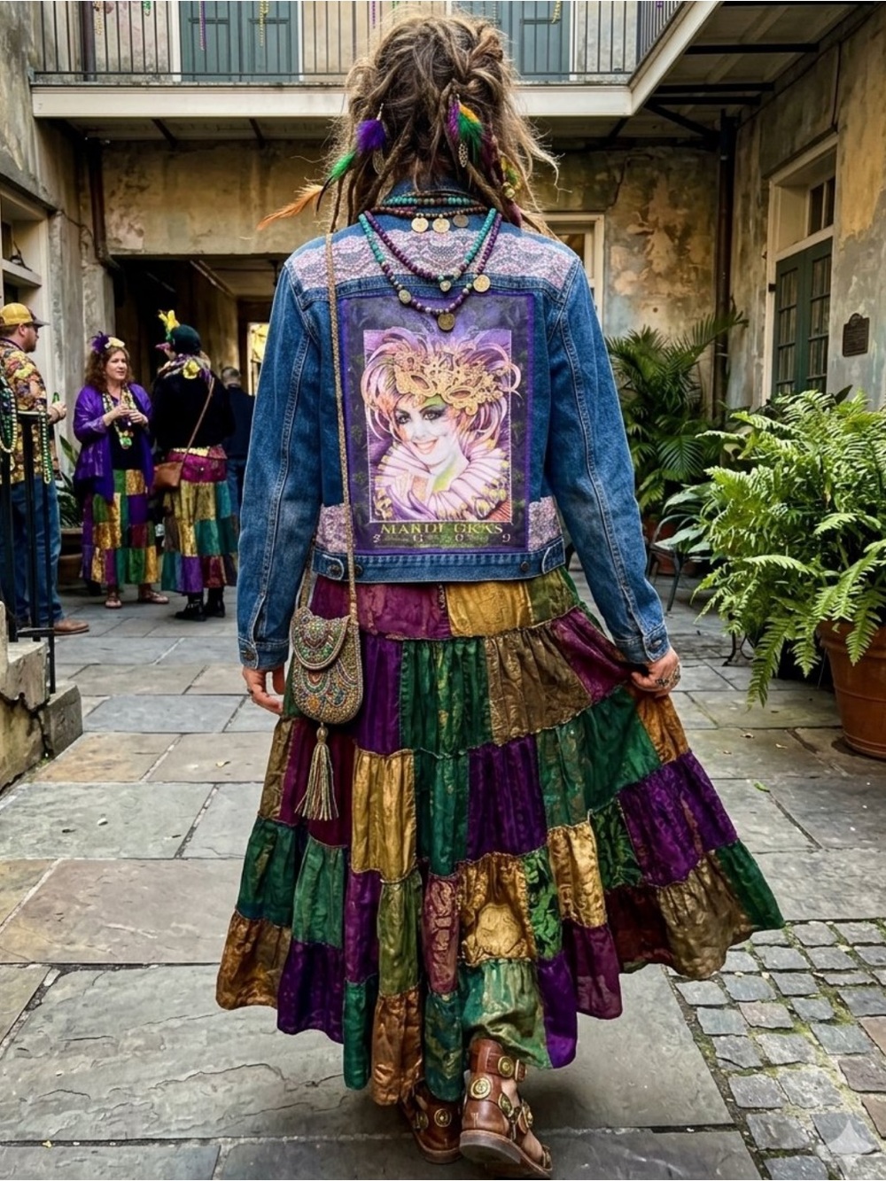 Upcycled vintage Mardi Gras and lace patched Calvin Klein Jean jacket
